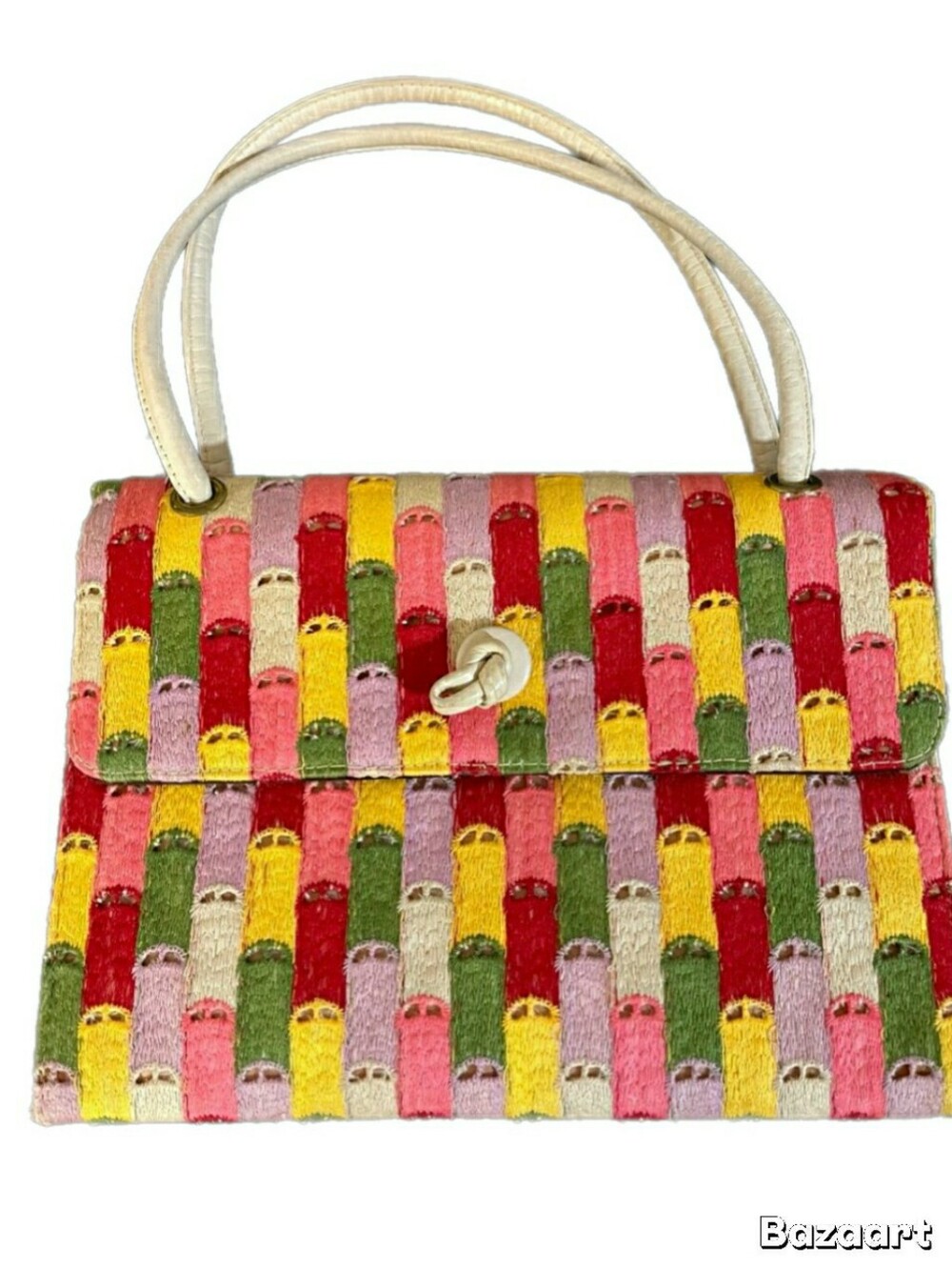 Vintage Lennox Multicolor Woven Pattern Shoulder Bag with White Handles